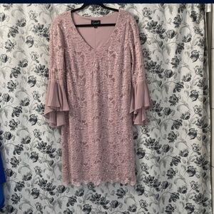 Short Pink floral dress with sequins and extravagant flowing sleeves